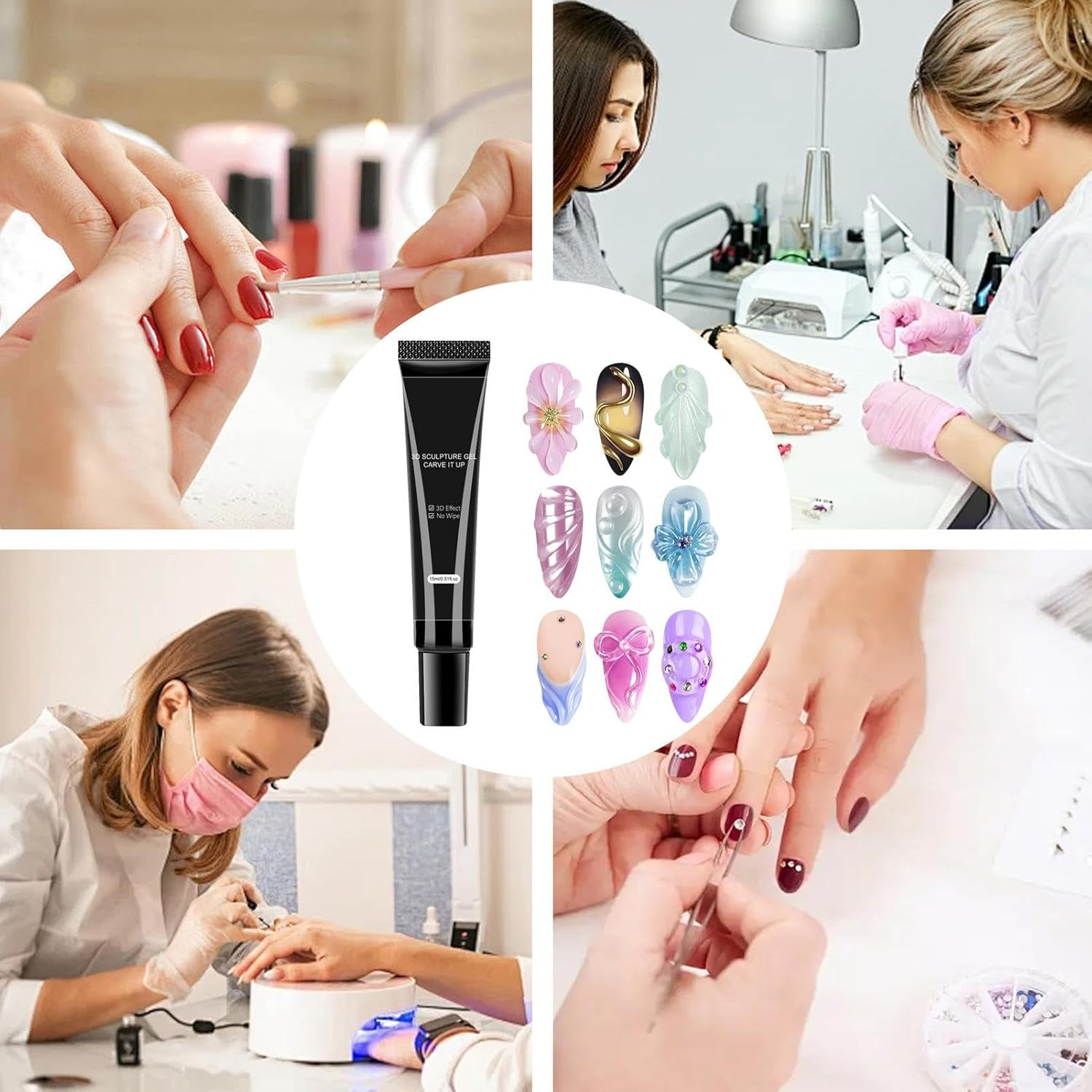 3D Nail Gel for Nail A-Rt, 15Ml Sculpting Gel Nails Glue for Nails Charm, No Wipe Clear Sculpting Ge-L Polish, 5D Embossed Candy Molding Ge-L N-Ail Decoration, 4 in 1 No Wipe Glue for Drawing,Molding