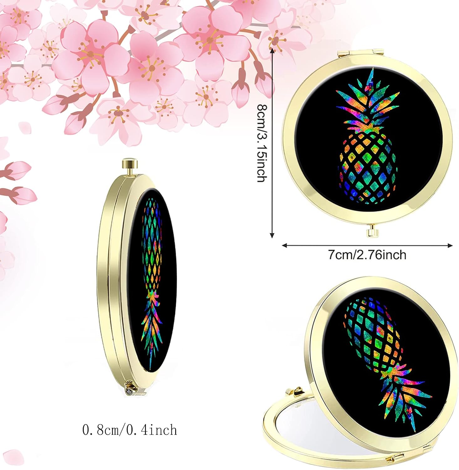 Compact Mirror for Women,Round Mini Pocket Travel Makeup Mirror,Pretty Portable Folding Small Pocket Mirror for Handbag,Purse,Double Sided Handheld Pocket Mirror（Golden Black Pineapple） image number 1