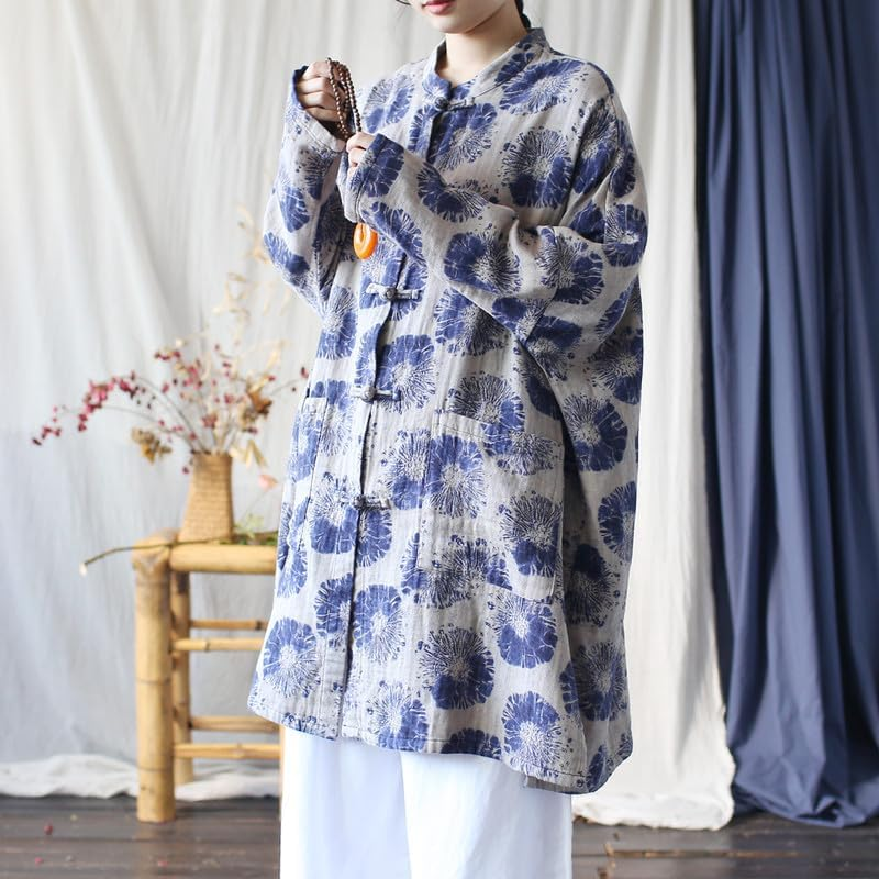 Women'S Vintage Chinese Style Cotton Linen Jacket Long Sleeve Frog Button Coat Loose Fit Tops Blue