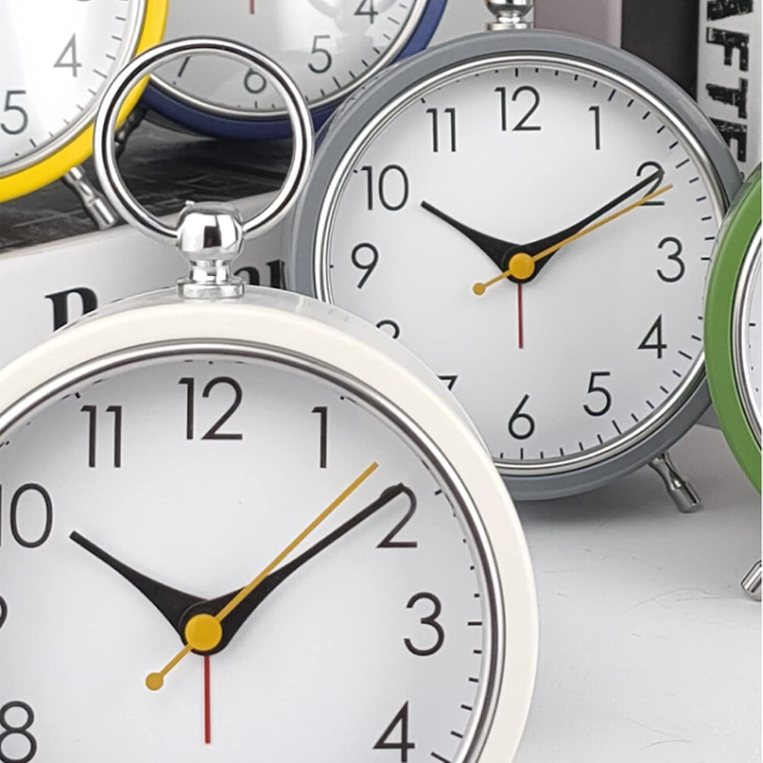 Snooze Retro Alarm Clock, 4 Inch Portable Table Clock with Night Light, Silent Non-Ticking Metal Clock, Simple round Battery Powered Clock Decor for Living Room Bedroom Study Office (White) image number 2