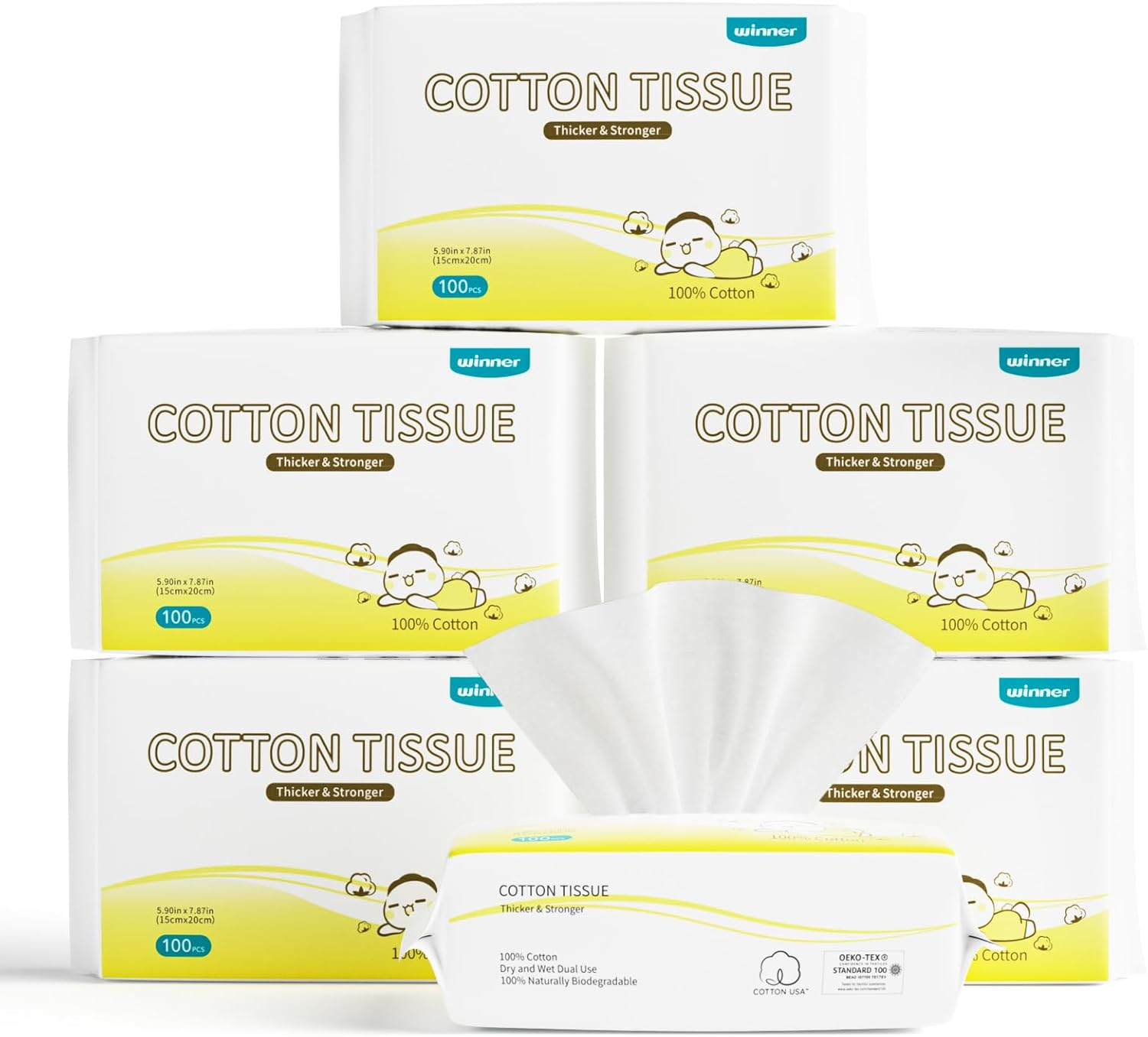 Winner 100% Cotton Dry Wipes, USDA Certified Baby Wipes, 600 Count, Soft & Gentle, Hypoallergenic & Unscented for Baby Sensitive Skin, Use Wet/Dry for Diaper Changes, Meals & Cleanup, Pack of 6 image number 1