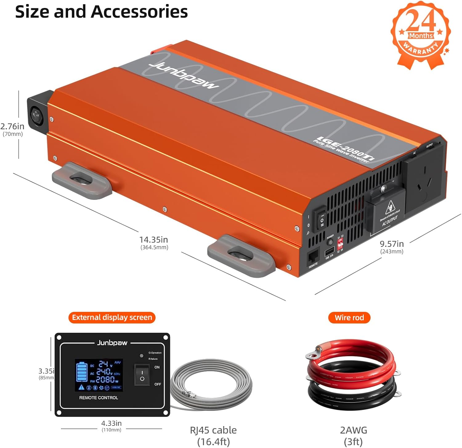 Junbpaw 2080W Pure Sine Wave Inverter, 24V DC to 230V/240V AC, 6000W Peak, 5V/2.1A USB, Quiet Fan, Capacitor, Off-Grid Solar Power for RV, Camping, Emergency, Truck