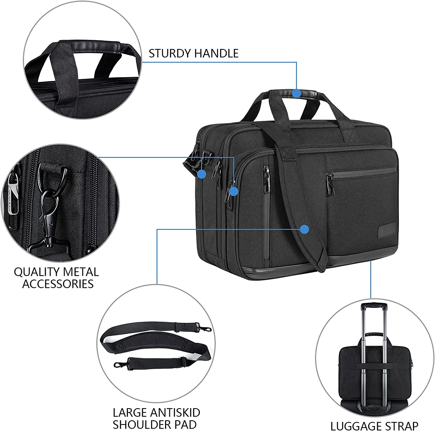 VANKEAN Laptop Briefcase for Men Women, Fits up to 17.3 Inch Laptops Premium Shoulder Bag with Strap Expandable Messenger Bag, Water-Repellent Laptop Case Computer Bag for Travel/Business/School image number 3