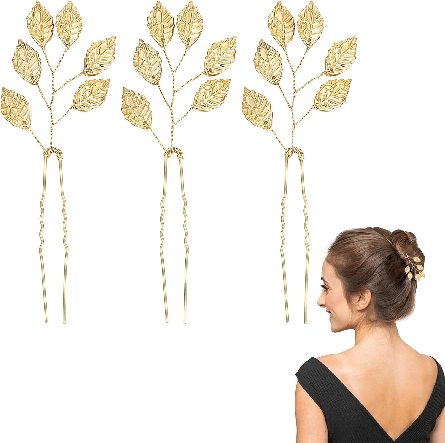 3 Pcs Gold Leaf Hair Pins,U-Shaped Gold Leaf Hair Bun Accessories,Chignon Hairpin for Wedding Bridal Headpiece Decorations image number 1