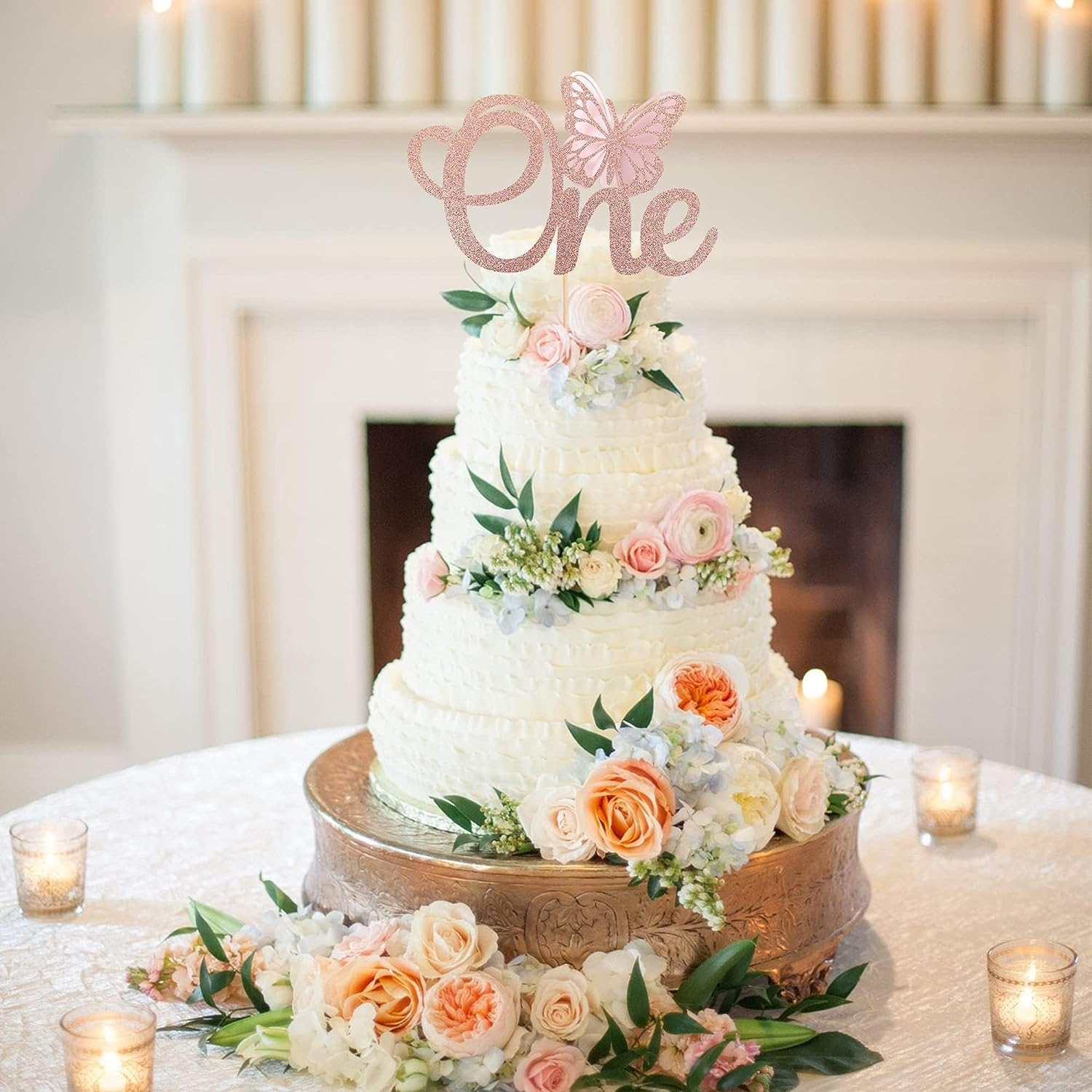 SYKYCTCY 1 Pack Butterfly One Cake Topper Glitter Butterfly 1St Birthday Cake Pick for Butterfly Theme Baby 1St Birthday Baby Shower Party Cake Decorations Supplies Rose Gold - Gold image number 2