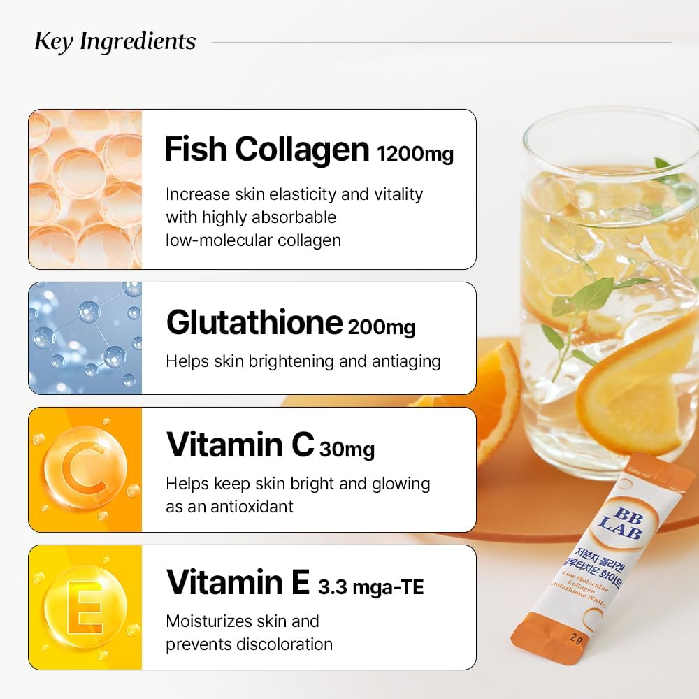 BB LAB Collagen Glutathione White, Low Molecular Collagen & Glutathione Stick Supplement, Fast Abosorption, Fish Collagen, Vitamin C, Vitamin E, Glutathione, Orange Flavor - 30 Ct image number 3