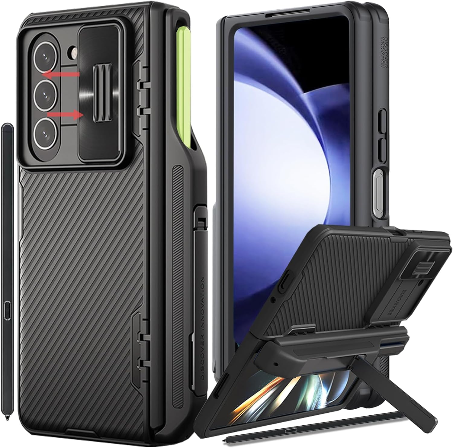 For Samsung Z Fold 5 Case with [S Pen Fold Edition] & Slide Camera Cover & Pen Holder,Hinge Protection with Kickstand Phone Case for Samsung Galaxy Z Fold 5 (Black with Pen)