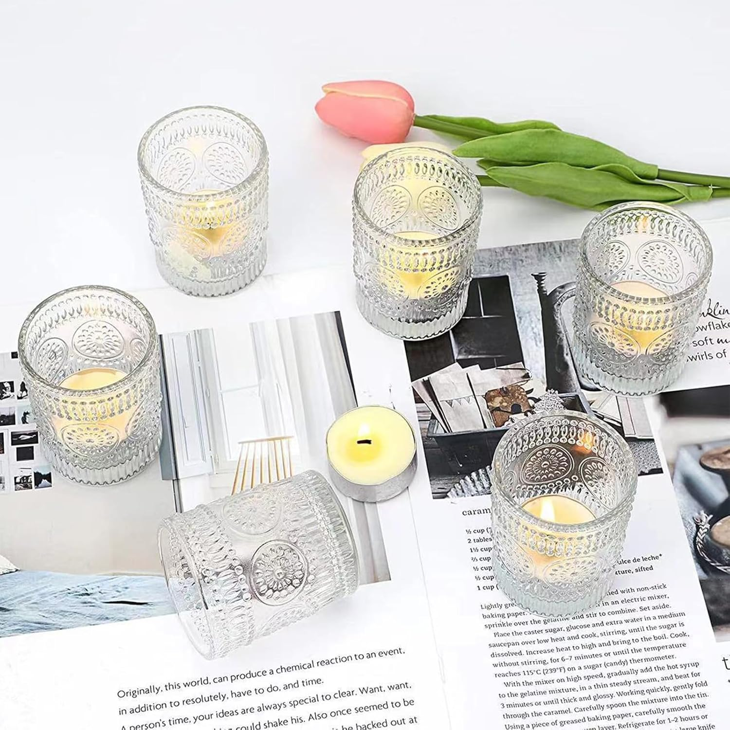 Set of 24 Clear Glass Votive Candle Holders, Tealight Candle Holders for Table Centerpieces, Relief Sunflower Shape, Wedding, Home, Bridal Shower, Birthday Party Table Decor (Clear)