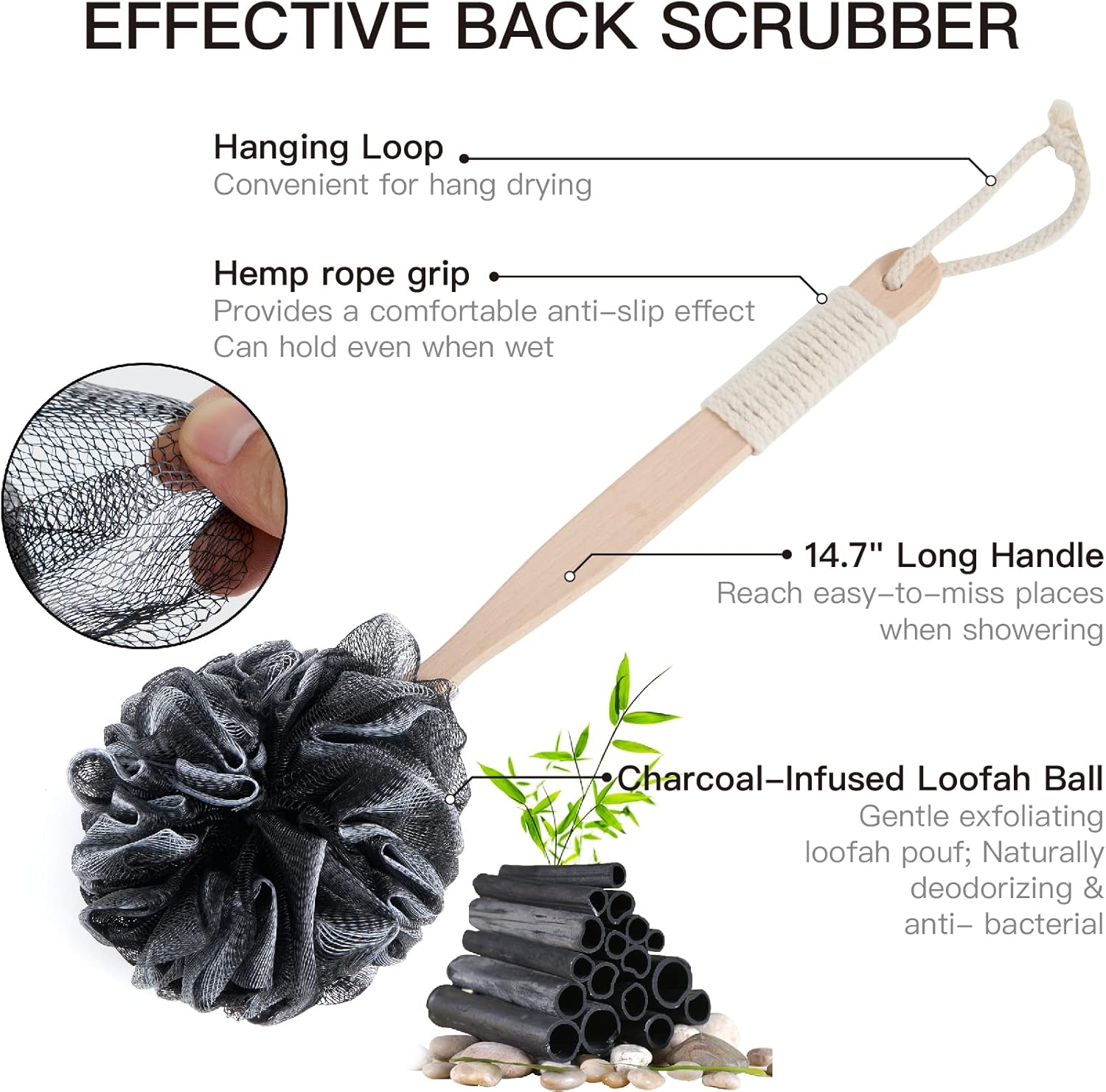 Back Scrubber with Bamboo Charcoal,Includes 1 Long Handled Shower Sponge,1 Loofah Back Scrubber, 1 Bath & Shower Luffa Pouf,1 Silicone Scalp Massager & 4 Hook.Deep Clean & Vitalize Your Skin. image number 2