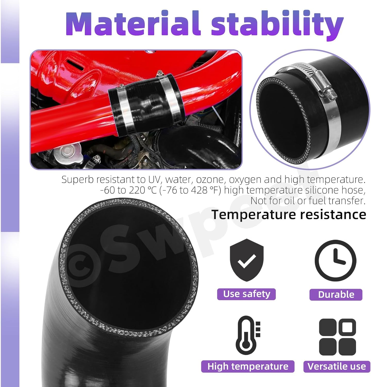 Swpeet 3Pcs 2.5 Inch - 63Mm 45 Degree Elbow 4-Ply Reinforced Silicone Hose with 59-82Mm 304 Stainless Steel T Bolt Hose Clamp Kit, Automotive Pure Silicone Hose for Turbo Intake Intercooler image number 6