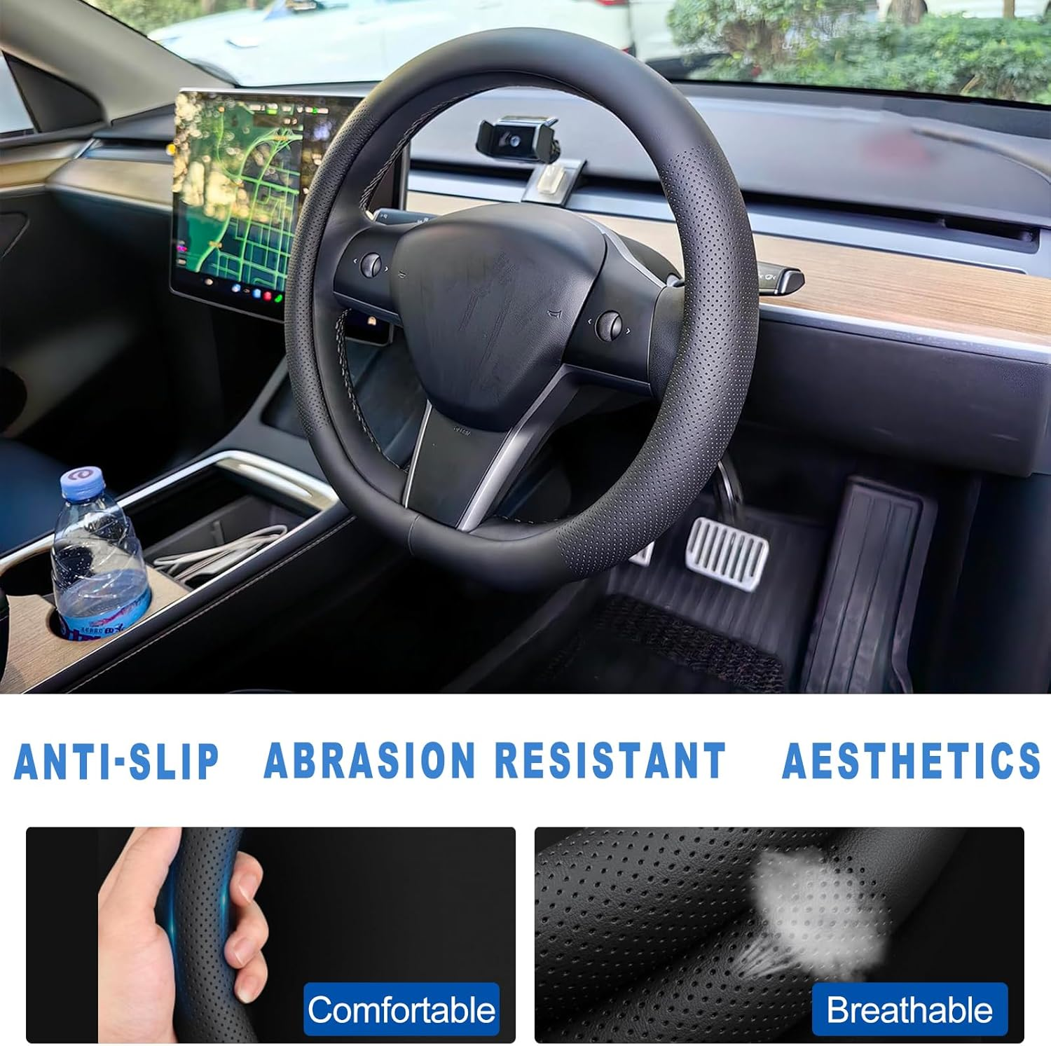 Car Steering Wheel Cover for Tesla Model 3 Highland 2025 2024 2023-2020/Model Y Juniper 2025 2024~2017, Non-Slip, Thin, Breathable, Odor-Free, Nappa Leather Full Surround Steering Wheel Covers