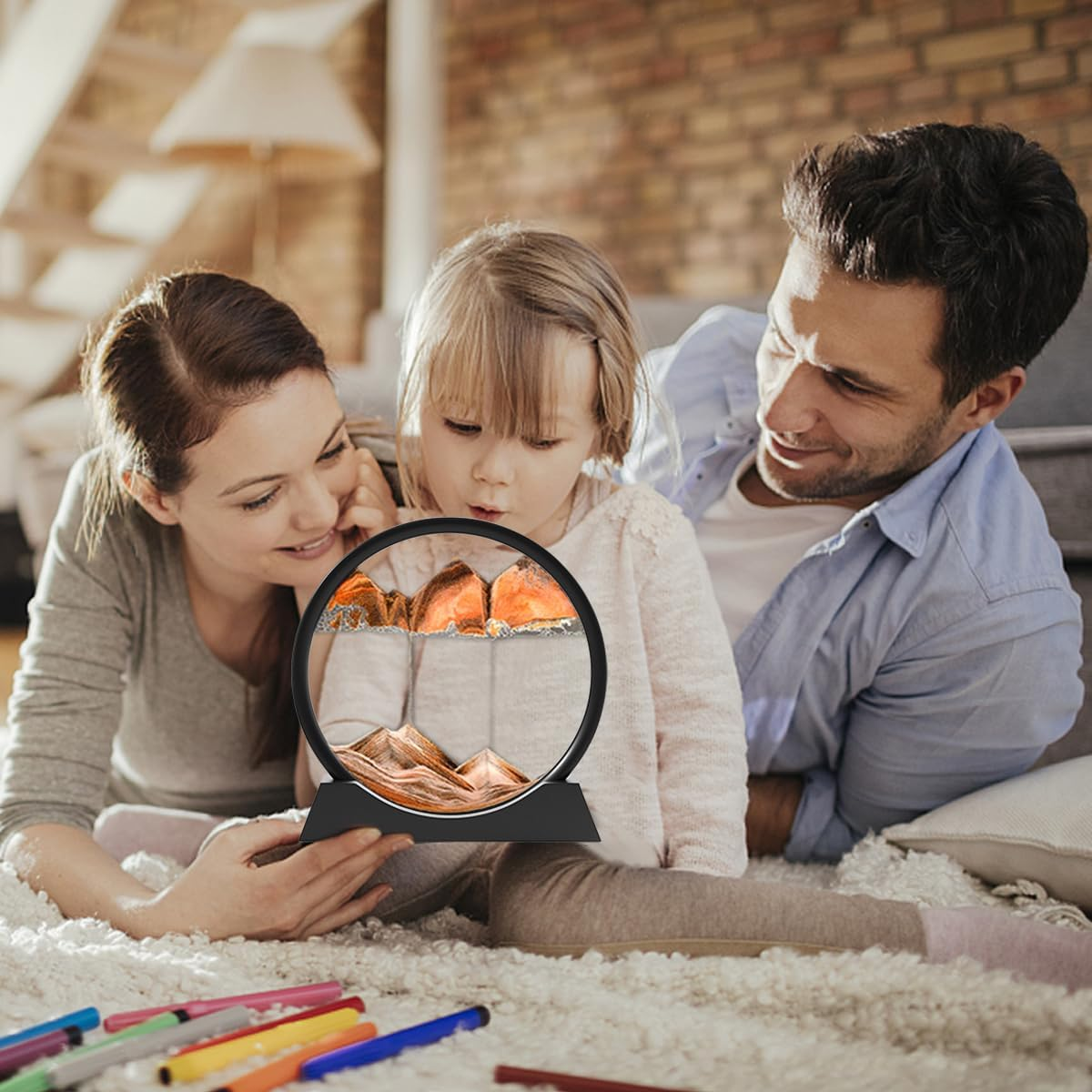 Sandbilder-Moving Sand Art Decor, Falling Picture in Motion, 3D Deep Sea Sandscape, Flowing Relaxing Toy, Rotating Display for Desktop Office Home (Black, 12")