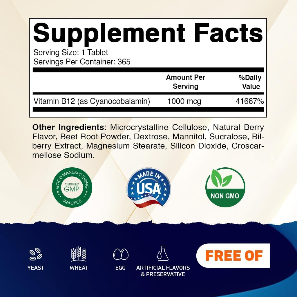 Vitamatic Vitamin B12 1000 Mcg Fast Dissolve 365 Tablets - Berry Flavor - Supports Energy Metabolism image number 2