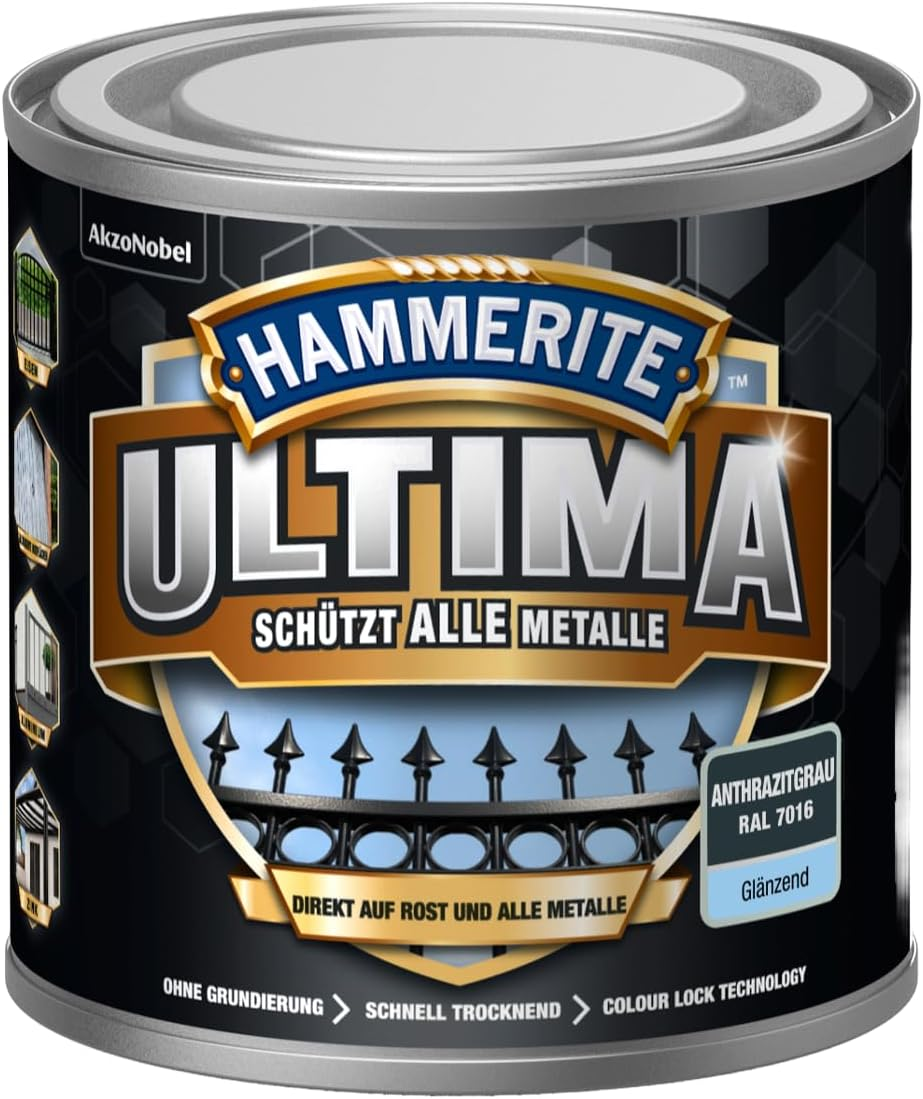 Hammerite Ultima Glossy, Metal Protective Paint, High-Quality Protective Paint for All Metals Outdoors, Sapphire Blue RAL 5003, 250 Ml