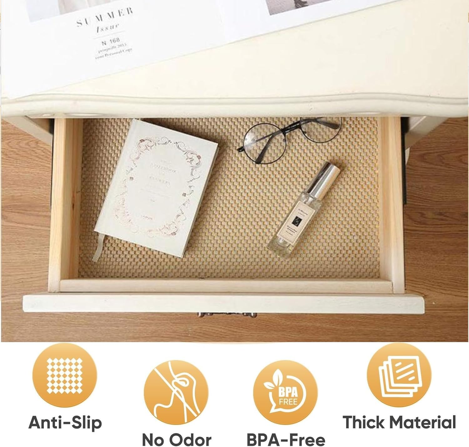 Non-Slip Drawer Liner & Shelf Liners - 40X500Cm PVC Kitchen Cupboard Draw Liners with Large Particles, Beige anti Slip Grip Mat for Cabinet, Wardrobe, Cushioned Protection with Airflow Design