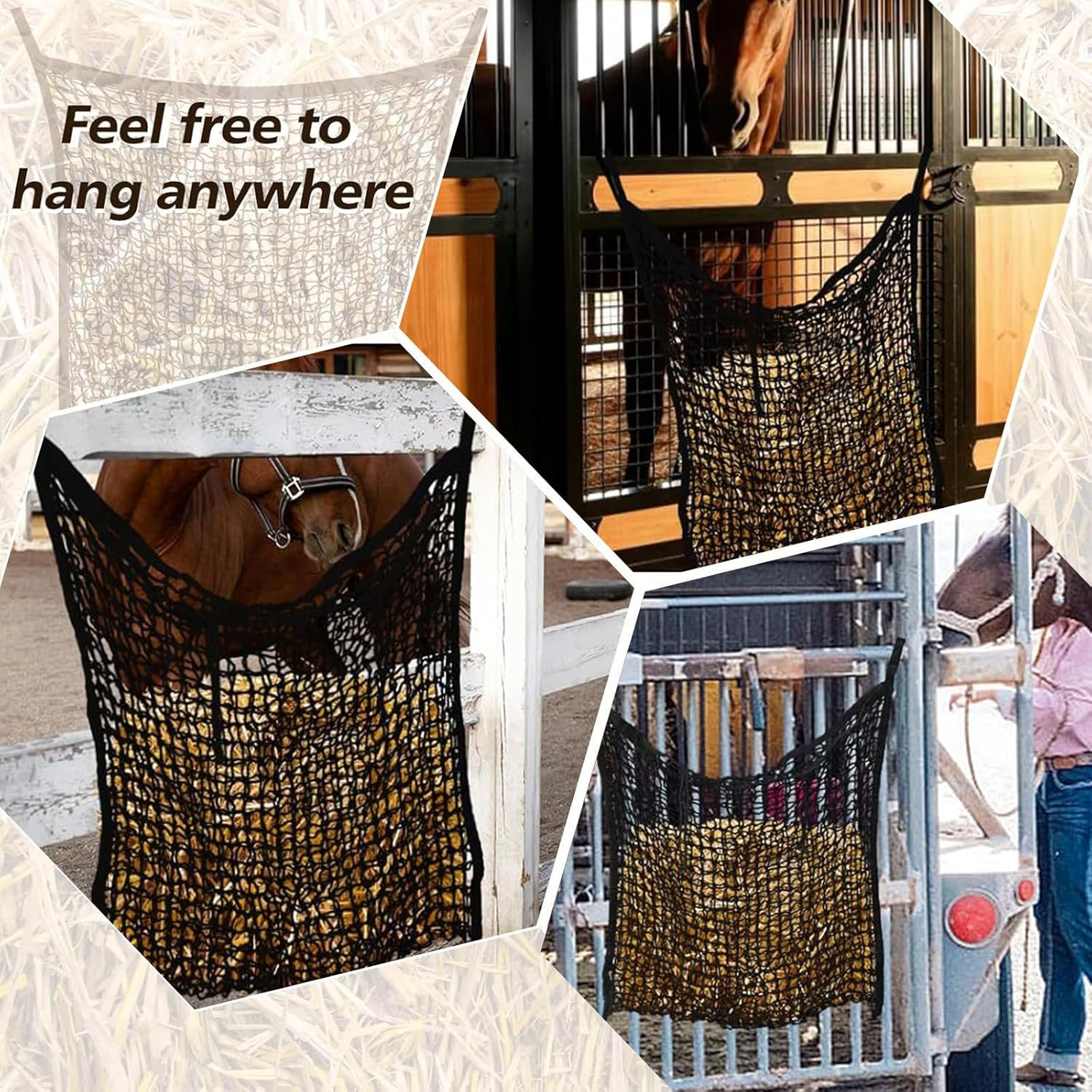 Slow Feed Hay Net Soft Polyester Hay Bag with 2 Hooks Knotless Hays Feeder Multifunctional Hanging Hays Feeder Bag for Stall Trailer Wall Fence
