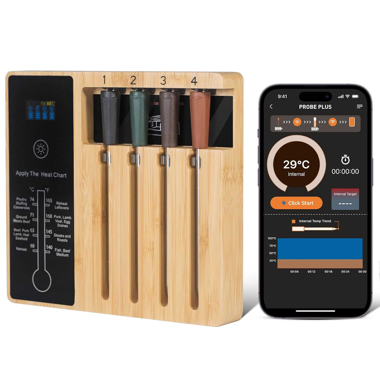 4-Probe Premium Wireless Smart Meat Thermometer | for BBQ, Oven, Grill, Kitchen, Smoker, Rotisserie | Ios & Android App | Apple Watch, Alexa Compatible | Dishwasher Safe - 1 Teak image number 4