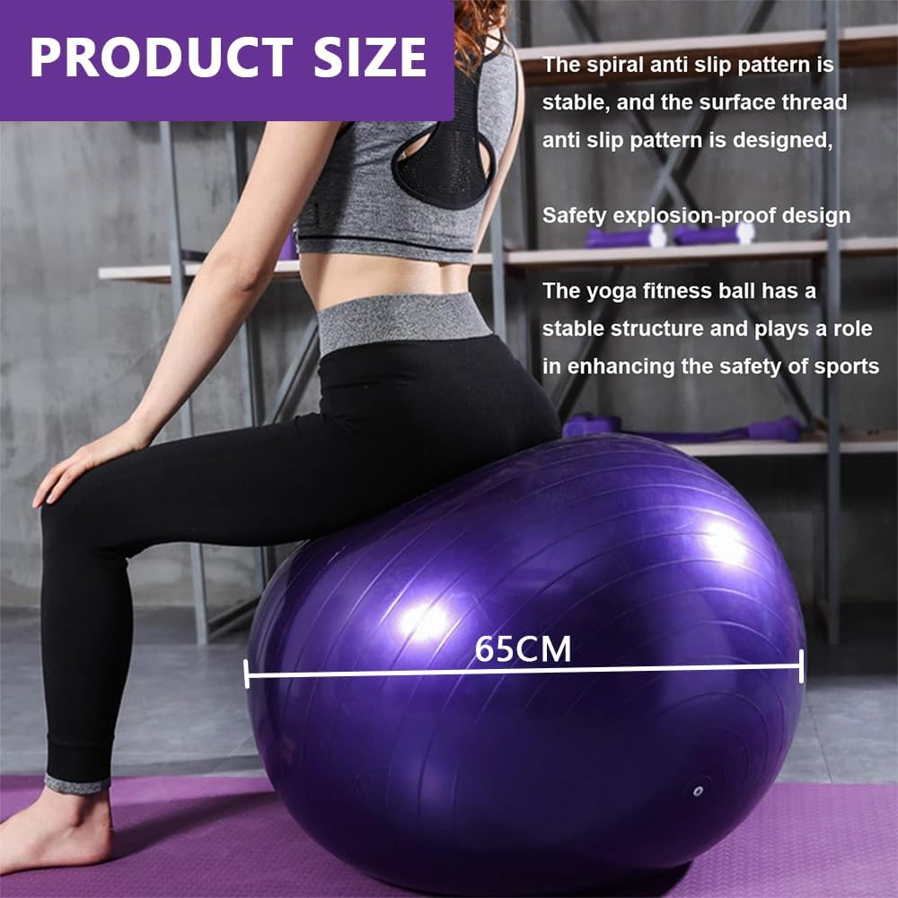 Anti-Burst Yoga Ball 65Cm &ndash; Heavy Duty Exercise Ball with Pump, Non-Slip Stability Ball for Fitness, Pregnancy, Balance, Pilates & Physical Therapy, Frosted Purple image number 3