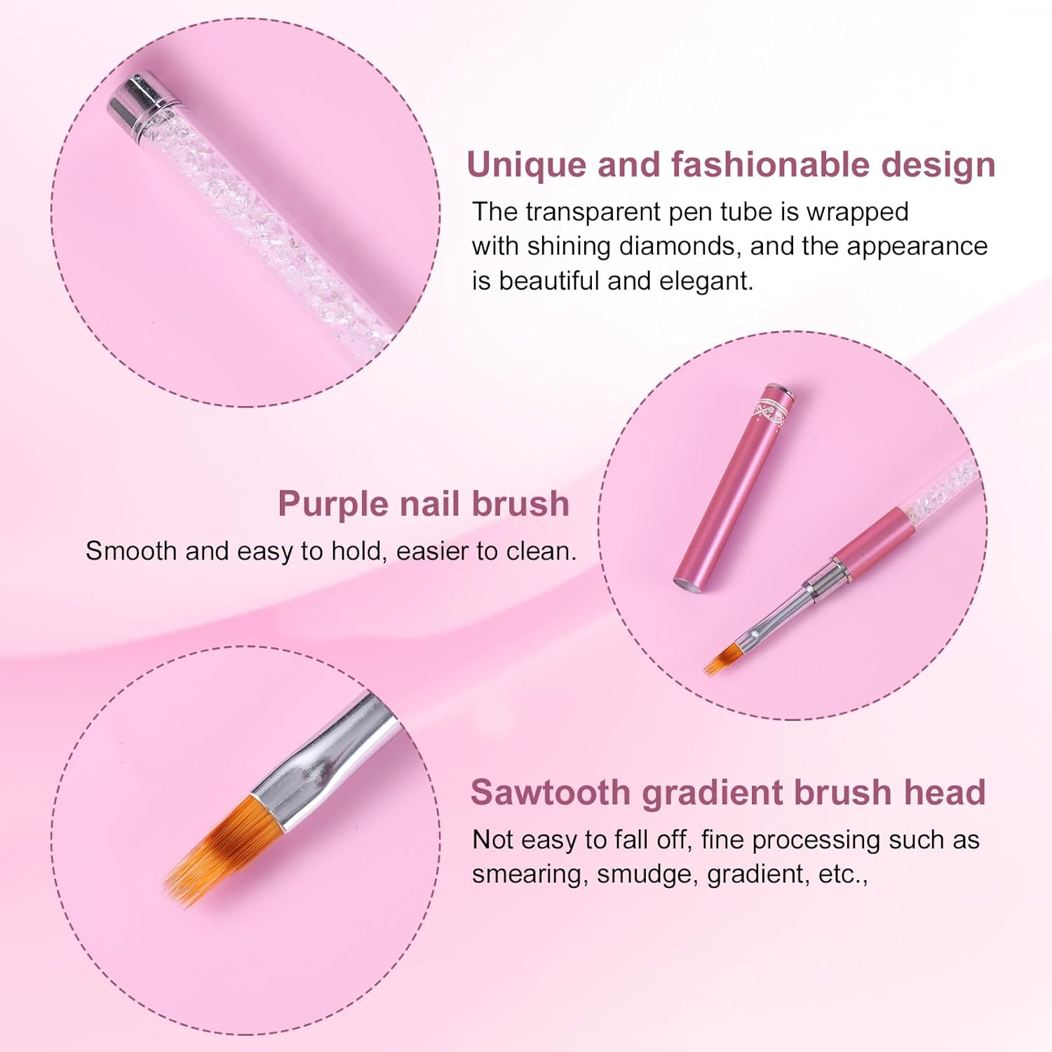 2Pcs Ombre Nail Brushes, Nail Painting Art Brushes with Rhinestone Handle Gradient Nail Design Brushes for Nail Extension Manicure Cleaning Gradient Gel Polish image number 1