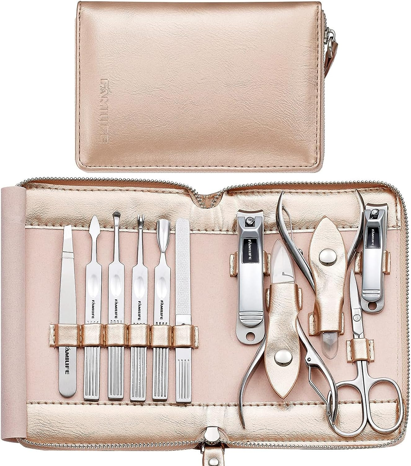 Manicure Set, FAMILIFE Professional Manicure Kit Nail Clippers Set 11 in 1 Stainless Steel Pedicure Tools Kit Grooming Kit with Portable Brown Leather Travel Case for Men (Gold) - Brown-1 image number 2