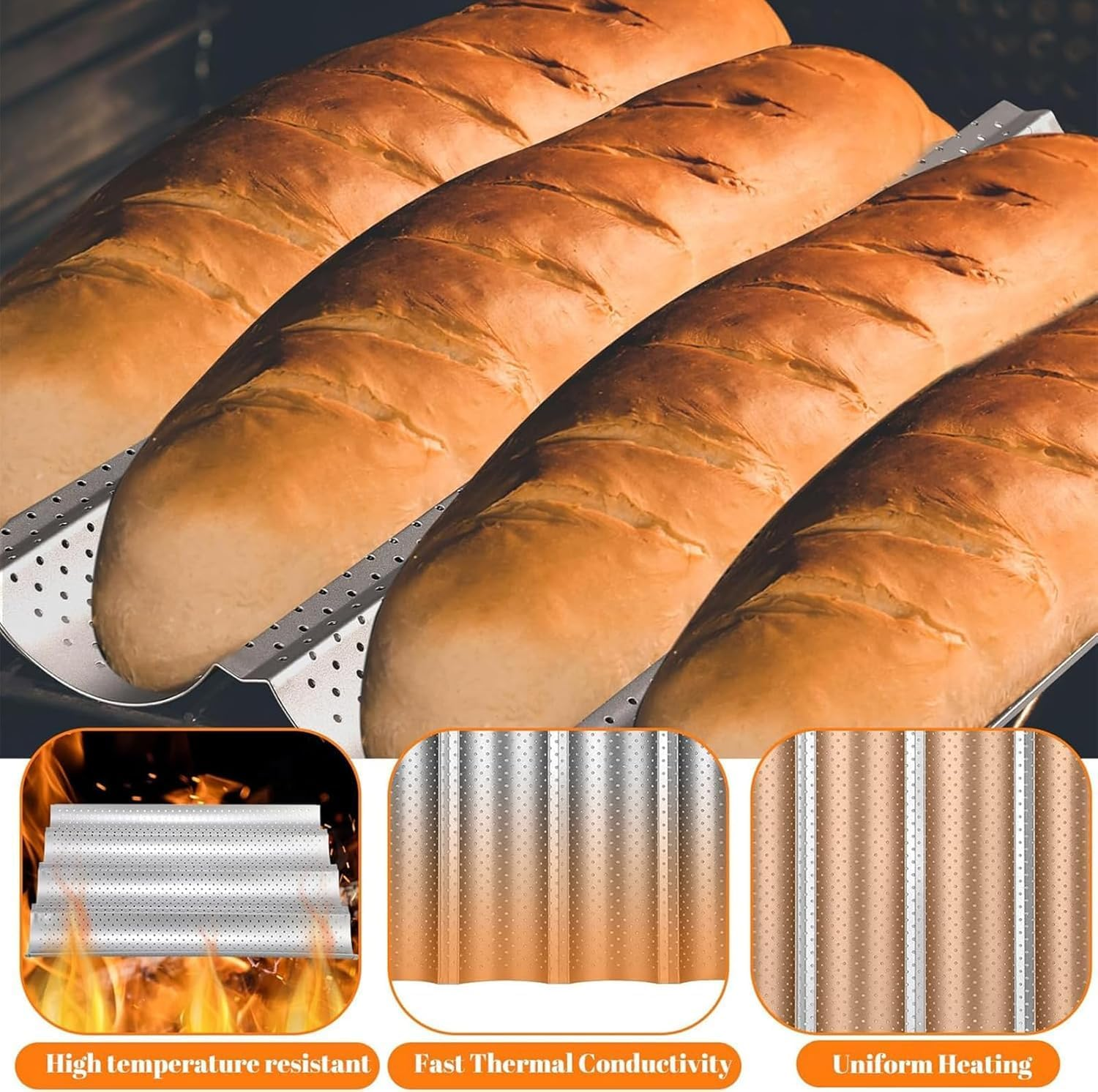 XUANZHI Baguette Bread Pan, Premium Nonstick Perforated Baguette Pan for French Bread Baking, 4 Loaves Baguette Baking Tray for Sourdough,Italian Bread, Perfect Creating Crisp Golden-Brown Crust image number 1