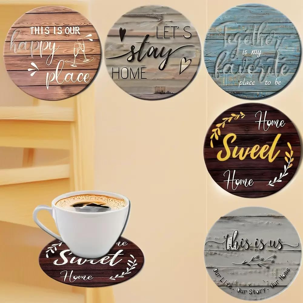 Wood Coasters with Holder,Wooden Coasters for Glasses Drinkings Coffee Table Desk round with Non-Slip Pad Cup Coasters for Home Office Christmas Decor 10 CM (6-Pack Farm House) - 6-Pack Farmhouse image number 3