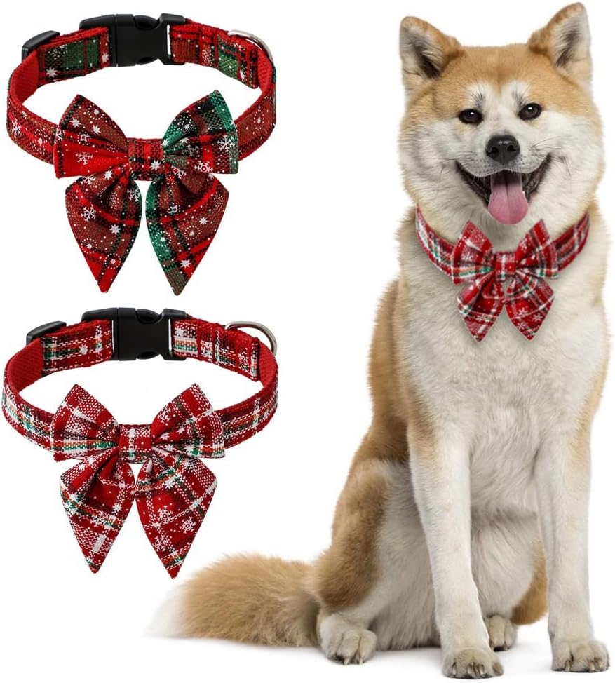 FUNAT Christmas Dog Collar with Bow Tie, Large Dog Pet Collar Dog Bowtie Big Swallowtail Knot, Classic Plaid Dog Christmas Collar with Buckle image number 1