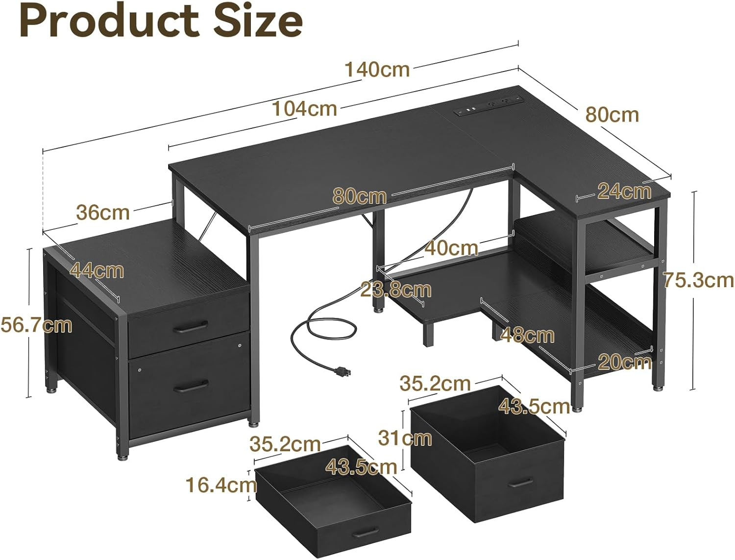 ODK 55Inch L Shaped Computer Desk with Power Outlet & Large File Drawer, Home Office Desk with Reversible Storage Shelves,Corner Desk for Home Office Bedroom Study Work,140 * 80 * 75.7Cm, Black image number 5
