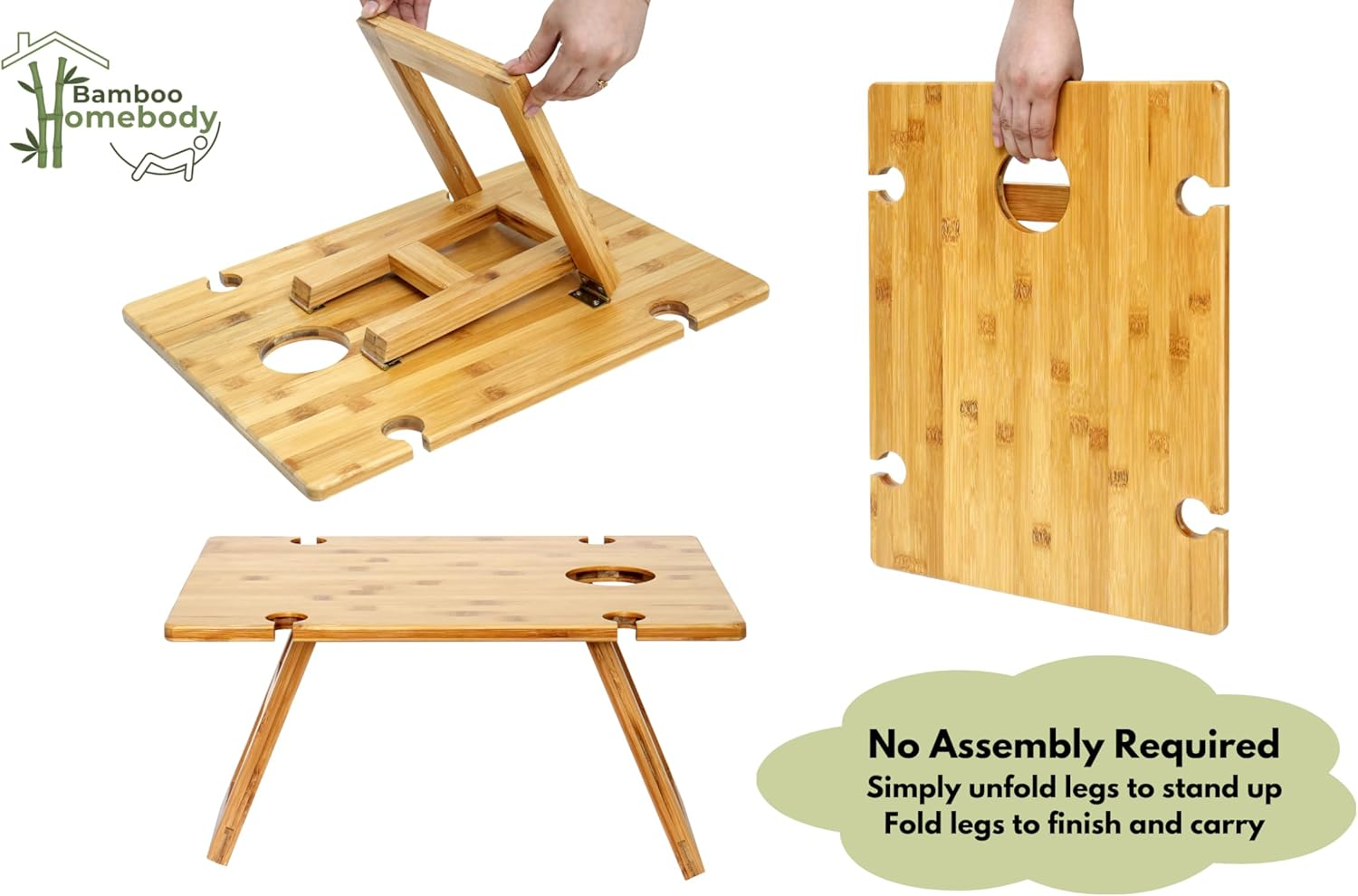 Portable Picnic Table, Foldable Table with Wine Bottle and Wine Glass Holders, Bamboo Tray Table for Camping, Beach, Park Picnic, Indoor/Outdoor Dining Table image number 4