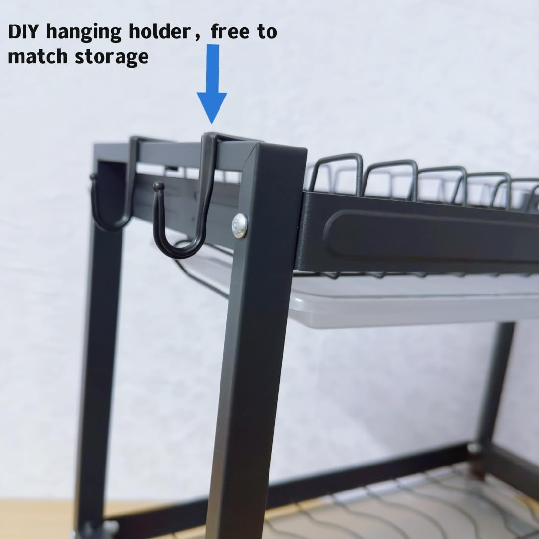 2-Tier Dish Drying Rack with Drainer Board, Rustproof Dish Drainer with Cutlery Utensil Rack & Holders for Kitchen Storage & Organisation, Black image number 3