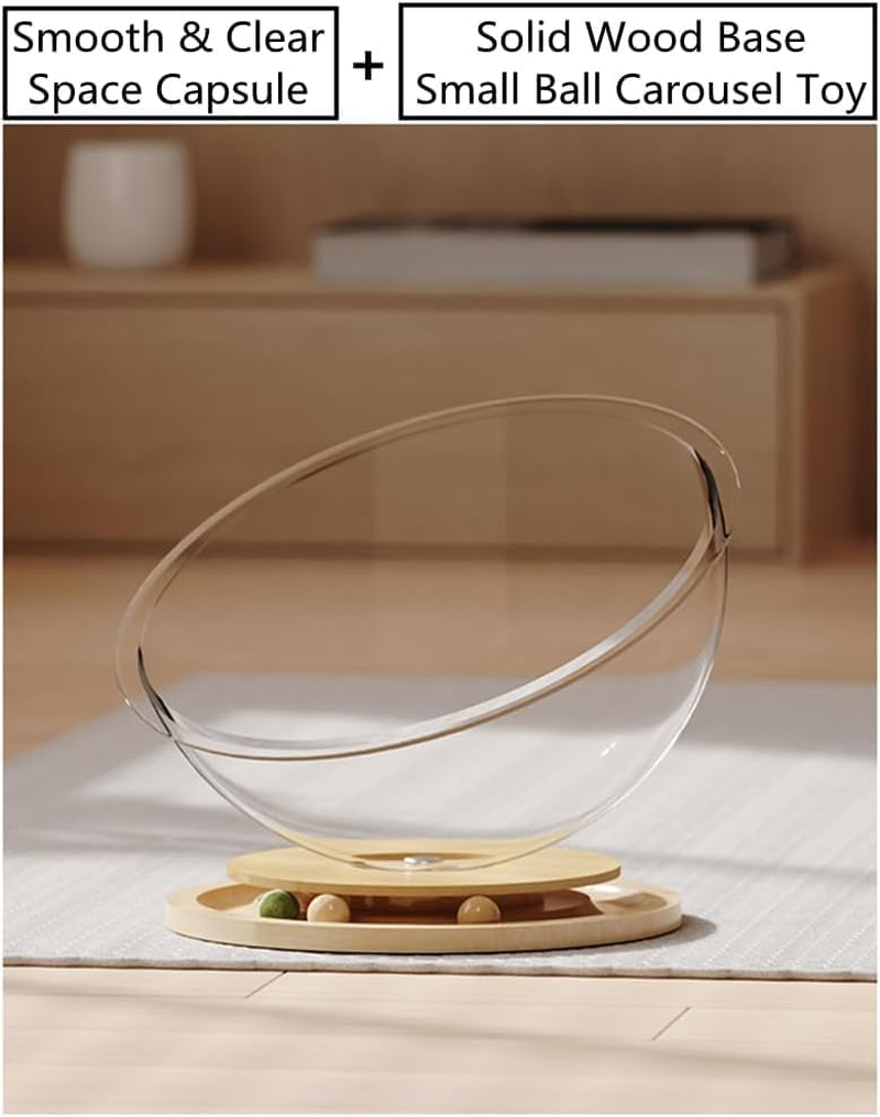 Space Capsule Cat Bed with Track Balls Toy, Transparent Cat House with Solid Wood Stand, Stable All-Season Nest for Cats & Kittens image number 4