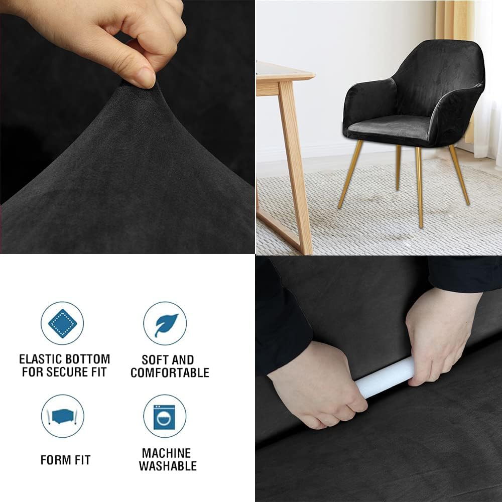 Velvet Stretch Black Modern Curved Back Armrest Wingback Chair Cover for Banquet Office Living Room Vanity Bedroom Set of 1 - Black image number 3