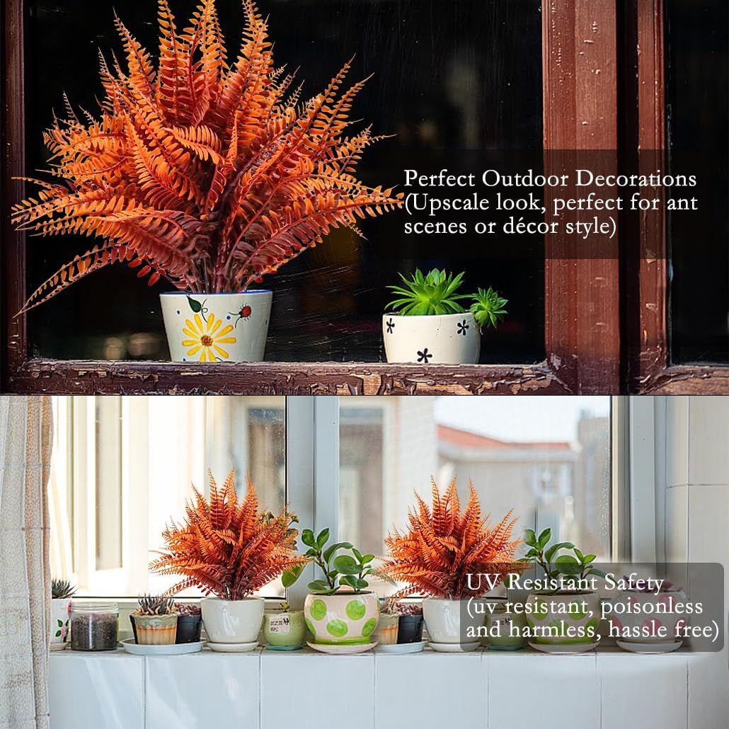 Kyeeadiy Artificial Plants, 12 Bunches Fake Fern Outdoors Bushes Faux Plants Shrubs Greenery UV Resistant Outdoor Plants Artificial for Porch Greenery Decor (Brown) image number 1