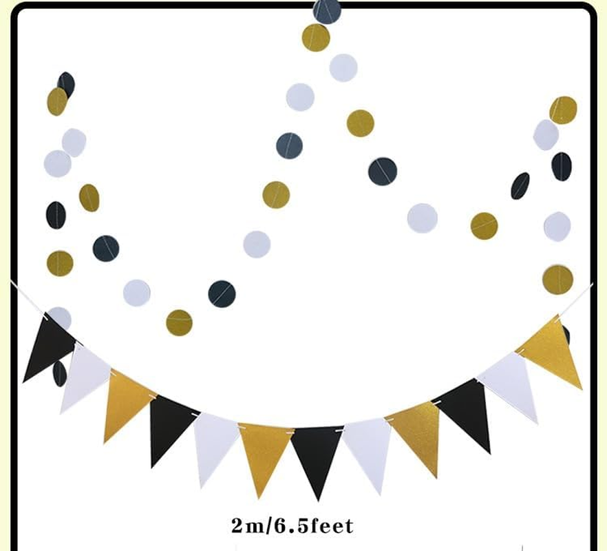 Party Decoration, 21 Pcs Black and Gold Hanging Paper Fans, Pom Poms Flowers, Garlands String Polka Dot and Triangle Bunting Flags for Birthday Parties Wedding D&eacute;cor, Table & Wall Decorations image number 4