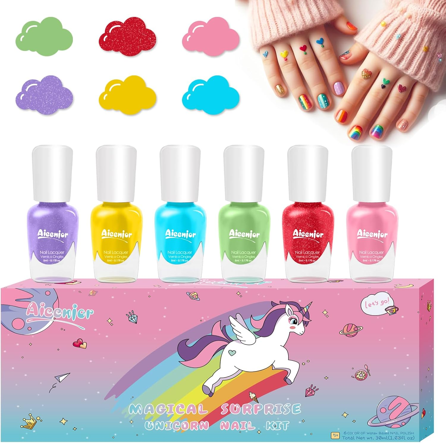 Aieenjor Kids Nail Polish, Non-Toxic Nail Polish Set for Toddler,Water-Based Quick Drying Peel-Off Nail Polish for Kids, 6 Color Rainbow Party, Holiday Favors, Party Favors for Kids Makeup Age 2+ image number 1