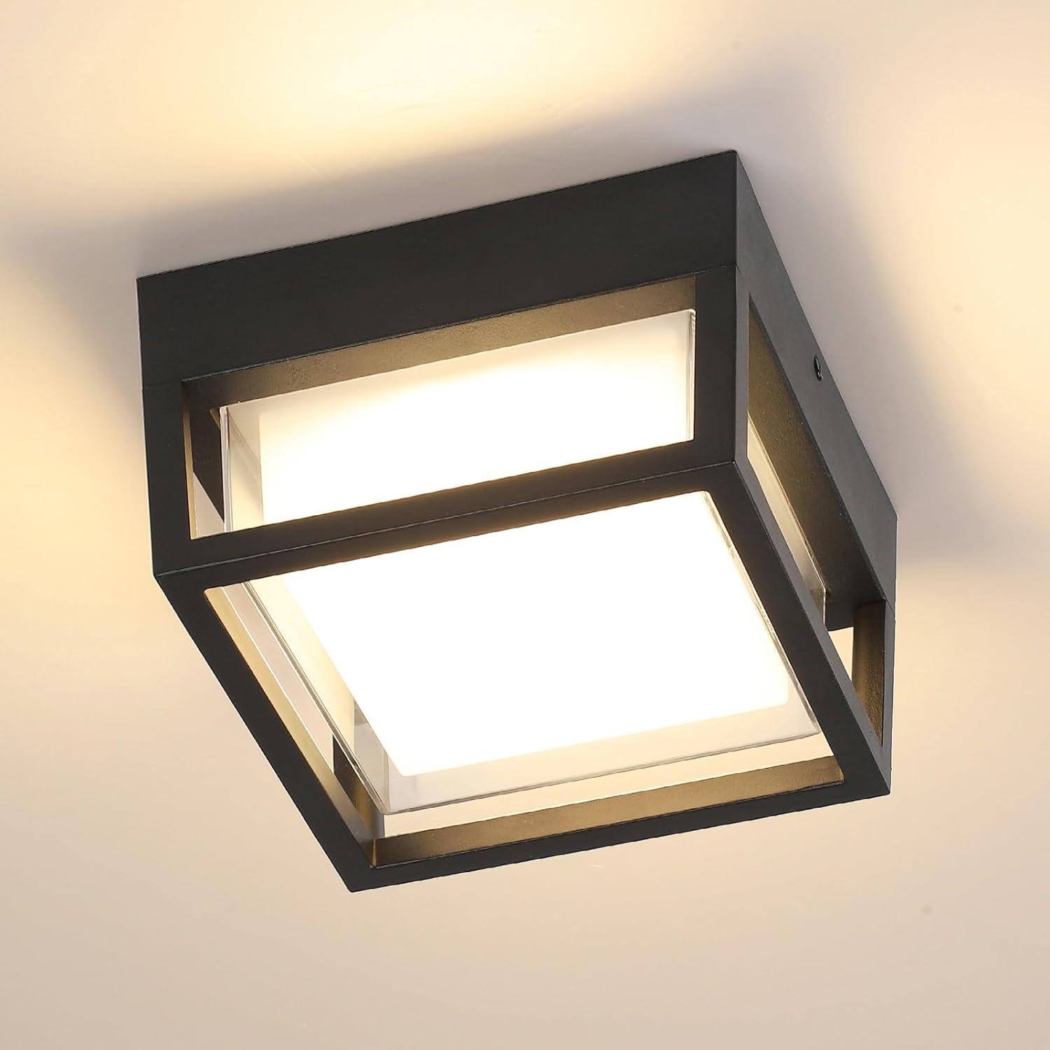 Square Ceiling Light Porch Light LED Flush Mount for Wall or Ceiling, Outdoor Wall Light for Patio Balcony Terrace, 3K Warm Light, 125W of Light, Matt Black Aluminum with PC Lens, Wet Location