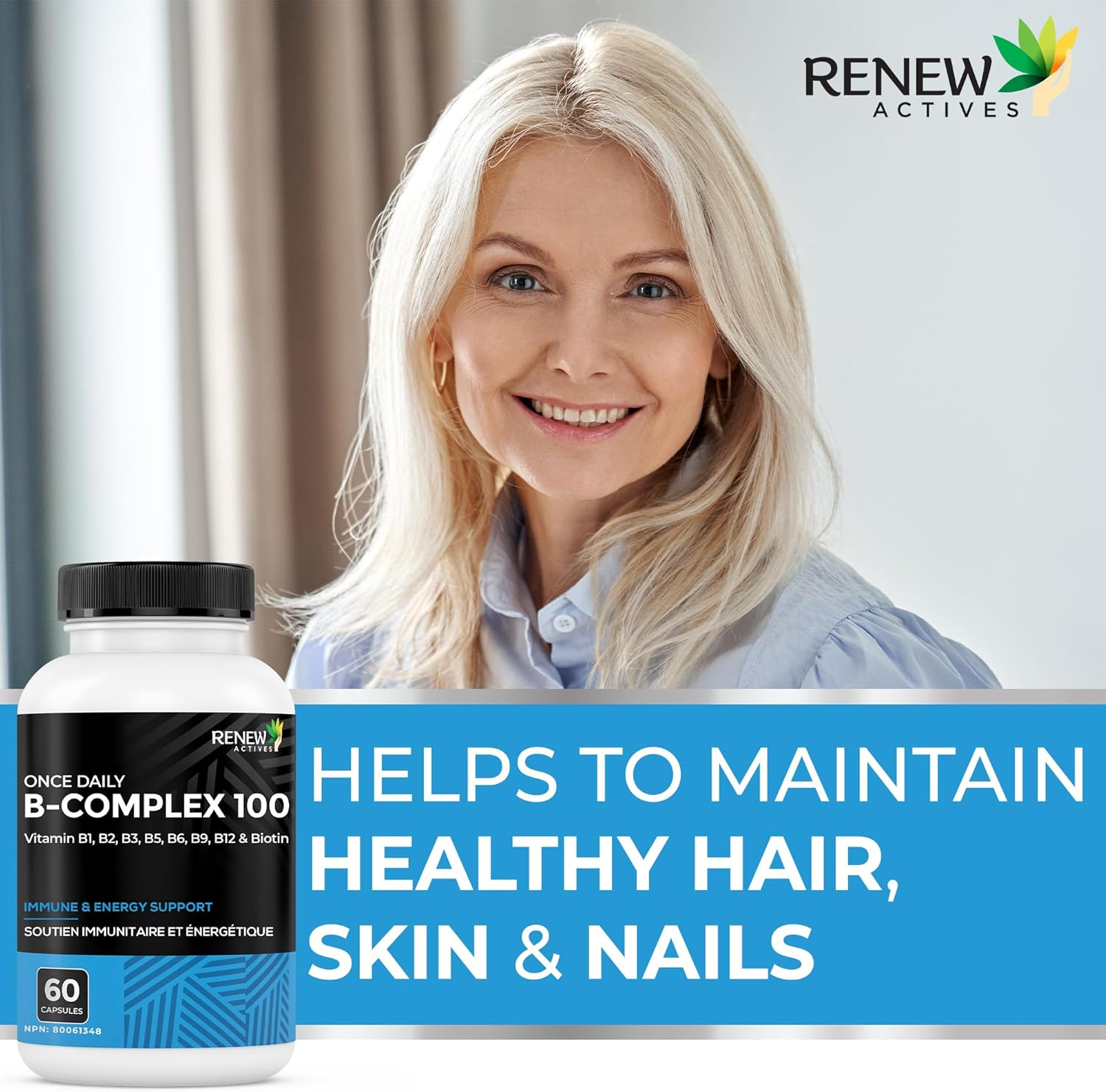 Renew Actives Vitamin B Complex 100 &ndash; 60-Capsule Advanced B Complex Dietary Supplement for Men and Women &ndash; 100% of B1, B2, B3, B5, B-6, B-12! &ndash; Vegan-Friendly Capsules image number 4