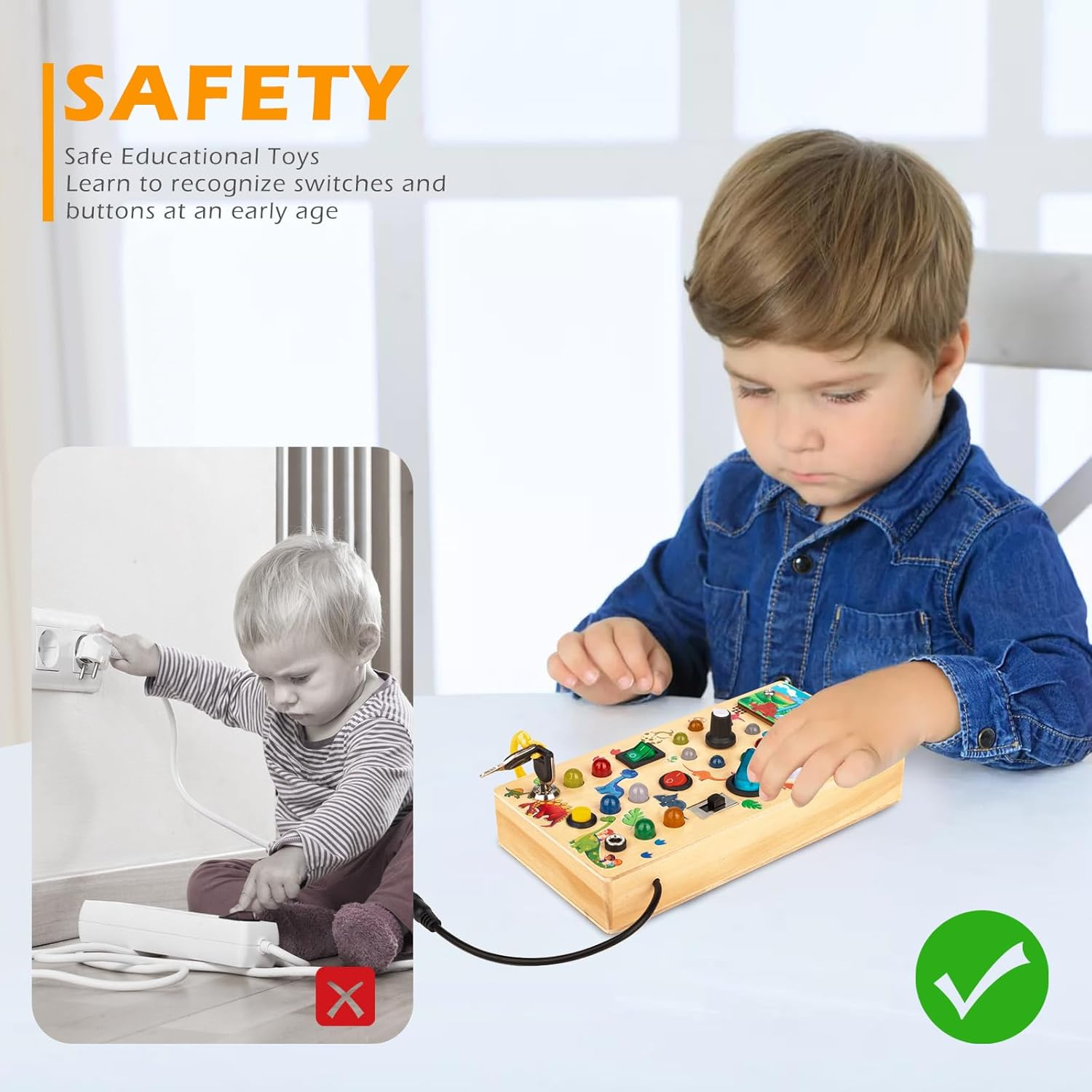 Montessori Toddler Busy Board, Led Dinosaur Wooden Sensory Board Educational Toys Wiht Switch Light Designs, Early Fine Activity Motor Skills Travel Toys for Toddlers Boys and Girls image number 2