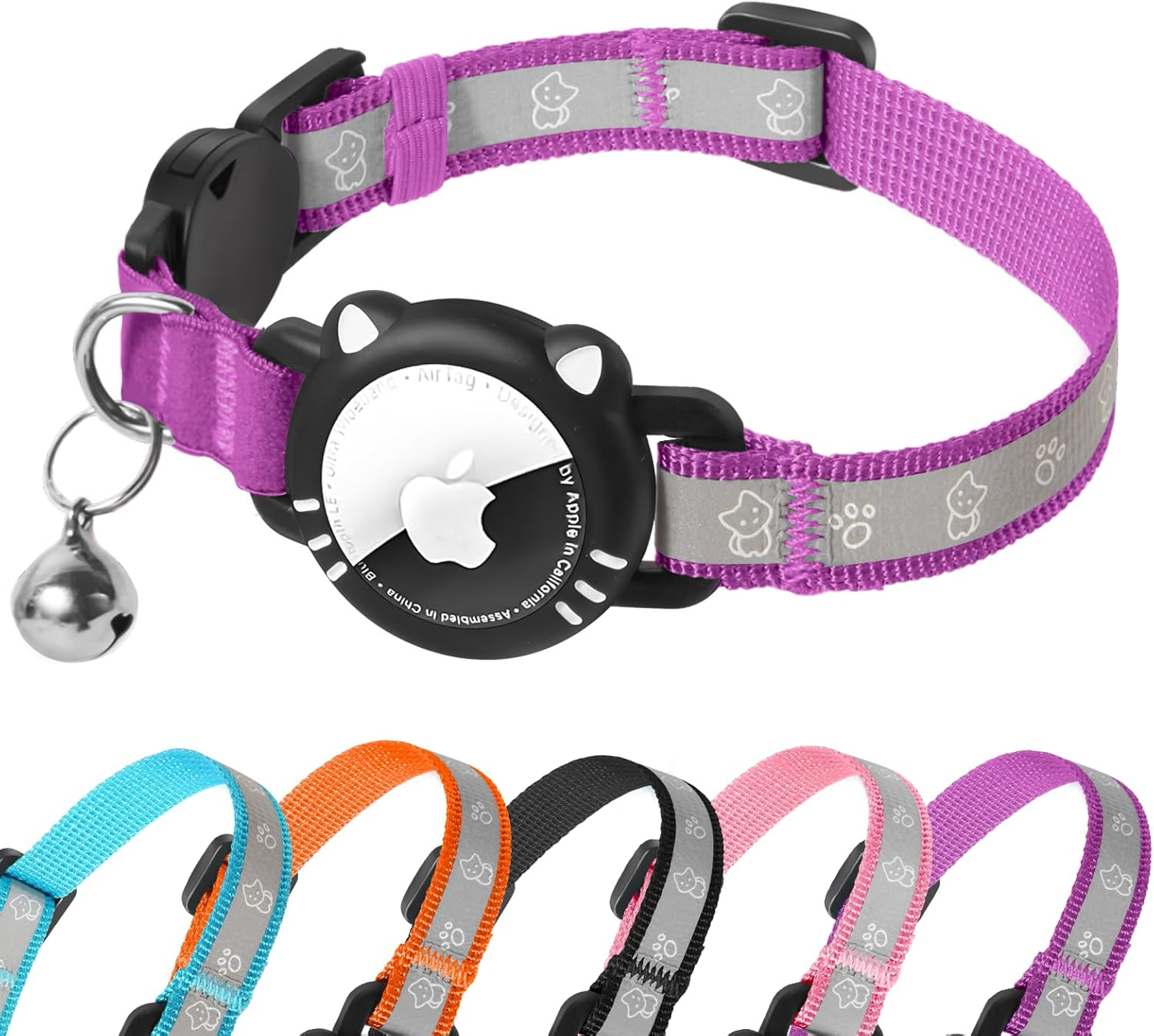 Agoumlux Airtag Cat Collar, Airtag Compatible, Reflective with Safety Clasp, Bell, Purple, S (23-33 Cm) image number 3