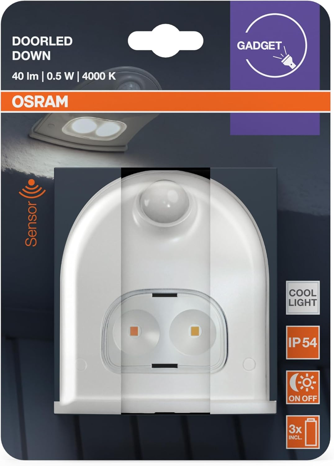 OSRAM Door LED Motion Sensor Light Battery Operated 4000K 40Lm 0.95W IP54 White Downward Light for Entryways