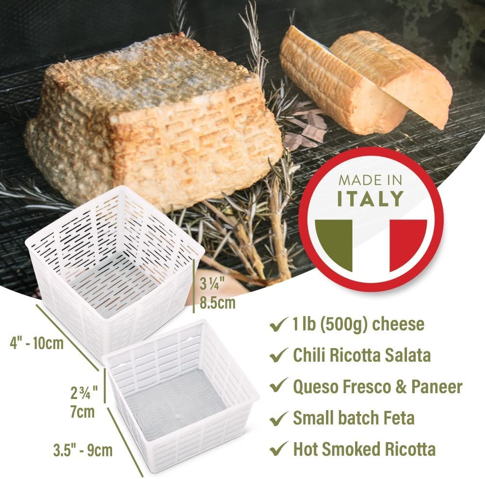 Easy Cheesemaking Kit | 5 Cheese Molds + Cheese Making Book | Made in Italy | Recipes to Make Ricotta, Paneer, Goats Cheese, Quark, and More | Professional Cheese Press Basket Mold Set of Strainers