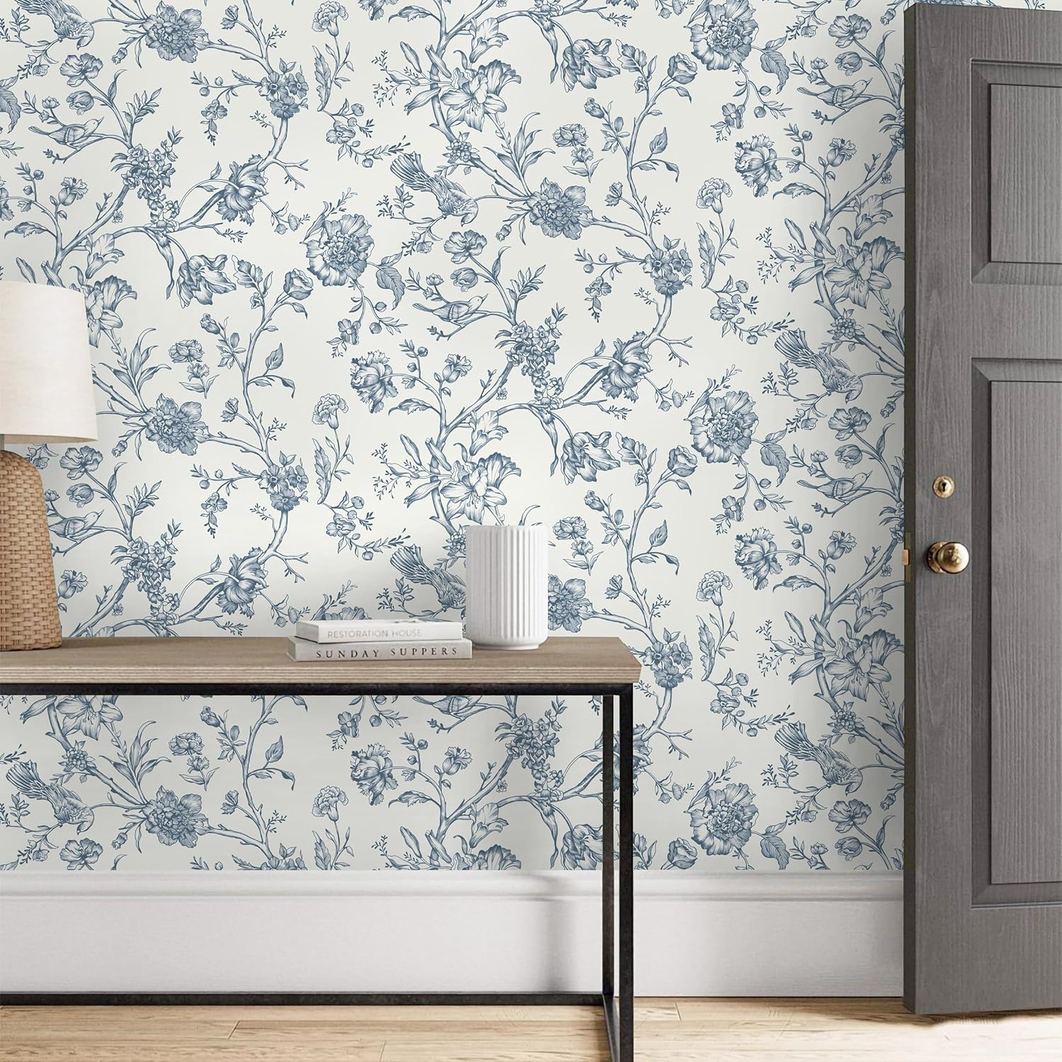 Safiyya Peel and Stick Wallpaper Floral Birds Contact Paper Blue White Wallpaper Peel and Stick Removable Wallpaper Boho Wallpaper Flower Contact Paper for Cabinets Vinyl Rolls 118"X17.3" image number 3
