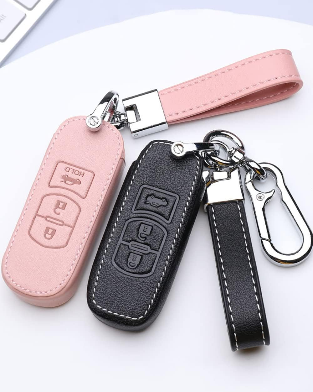 Ontto Leather Car Key Fob Cover Fit for Mazda 3, Alexa Keyring for Mazda 3, CX-30, CX-5, CX-9, 3 Sedan 2019 2020 Accessories Key Case Key Holder Keychain Protector 3 Buttons Pink image number 5