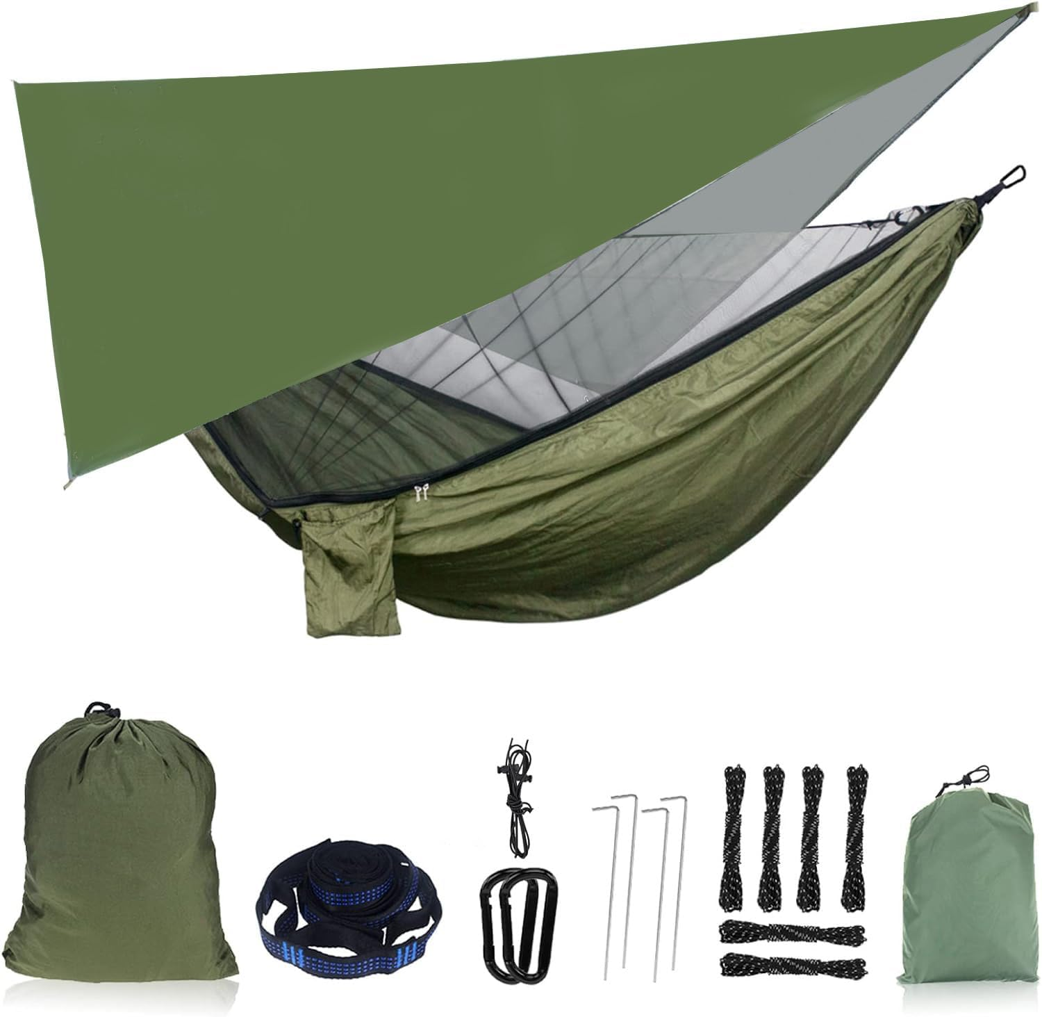 Dxzephious Camping Hammock with Rain Fly Tarp and Mosquito Net Portable Single Double Hammock Tent with Tree Strap Backpacking Hammock with Rain Cover for Hiking Travel Yard Activities Green image number 6