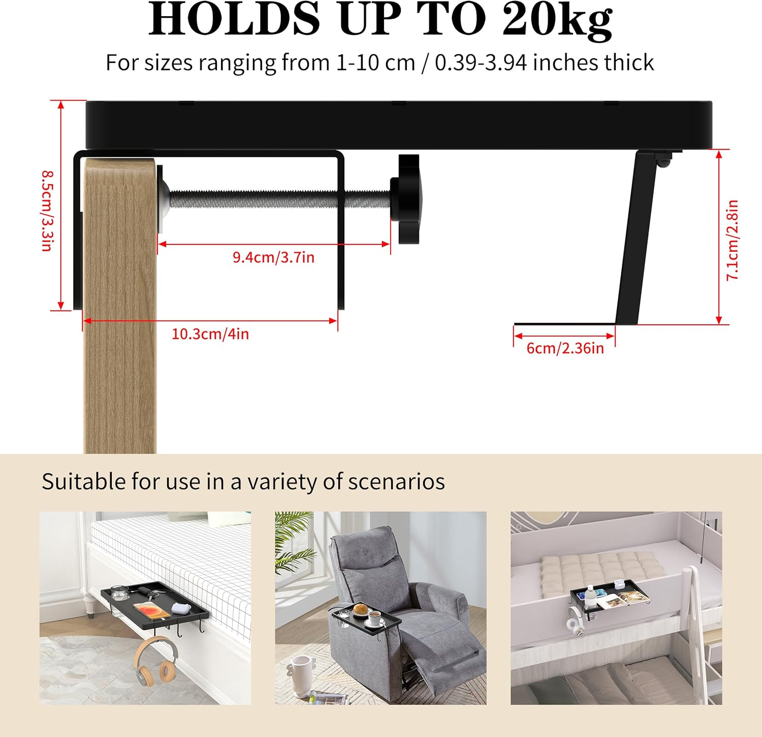 BEAUTME Bedside Shelf for Bed, Sofa Armrest Tray, College Dorm Room, Bunk Bed Shelf/Caddy Top Bunk, Clip on Tray Table for TV Dinners, Remotes, Drinks and Snacks, 38.1 * 25.4Cm, Black image number 6
