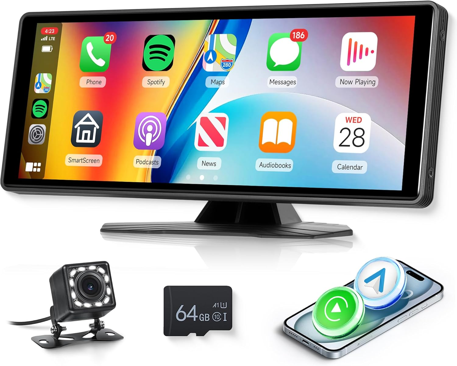 10.26 Inch Wireless Carplay Screen with Backup Camera Car Radio Android Auto Portable Carplay Screen,Rimoody Touchscreen Carplay Screen Bluetooth FM Transmitter Airplay Mirror Link Voice Control image number 2