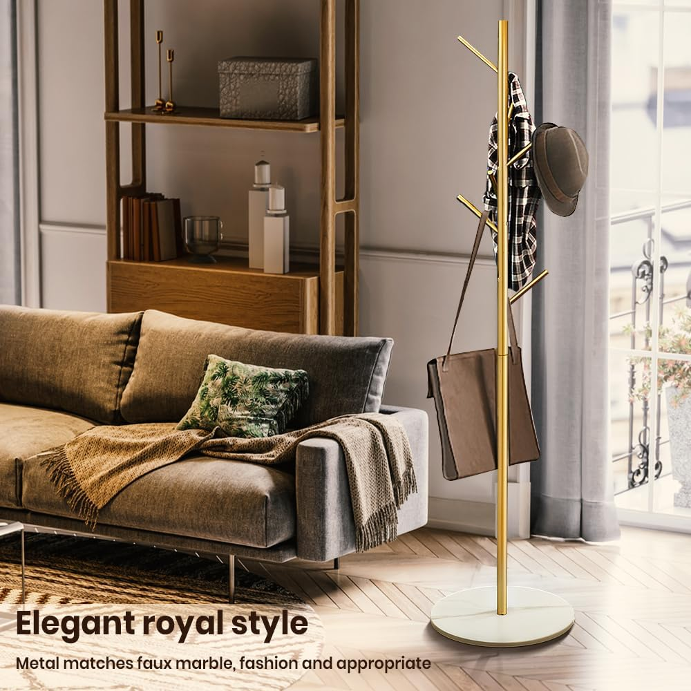 Furb Free Standing Metal Coat Rack, Gold Clothes Jacket Hat Bag Hanger Stand, Heavy Duty Marble Base, 167Cm Tall, 7 Hooks image number 3