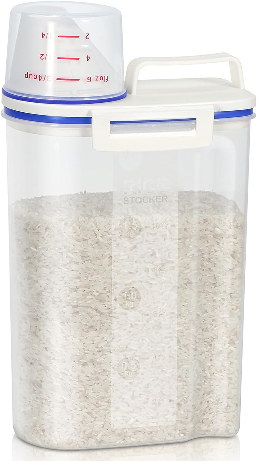 Tbmax Rice Storage Bin Cereal Containers Dispenser with BPA Free Plastic + Airtight Design + Measuring Cup + Pour Spout - 2KG Capacities of Rice Perfect for Rice Cooker