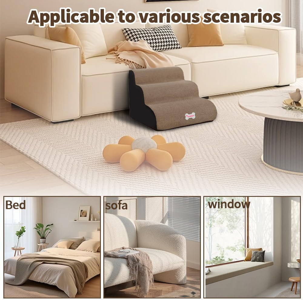 3 Tiers Dog Ramp and Stairs for Beds Non-Slip Sturdy Pet Steps Portable Climbing Ladder for Small Cats Dogs to Get on High Sofa Bed Brown 40 X 60 X 40 Cm image number 3