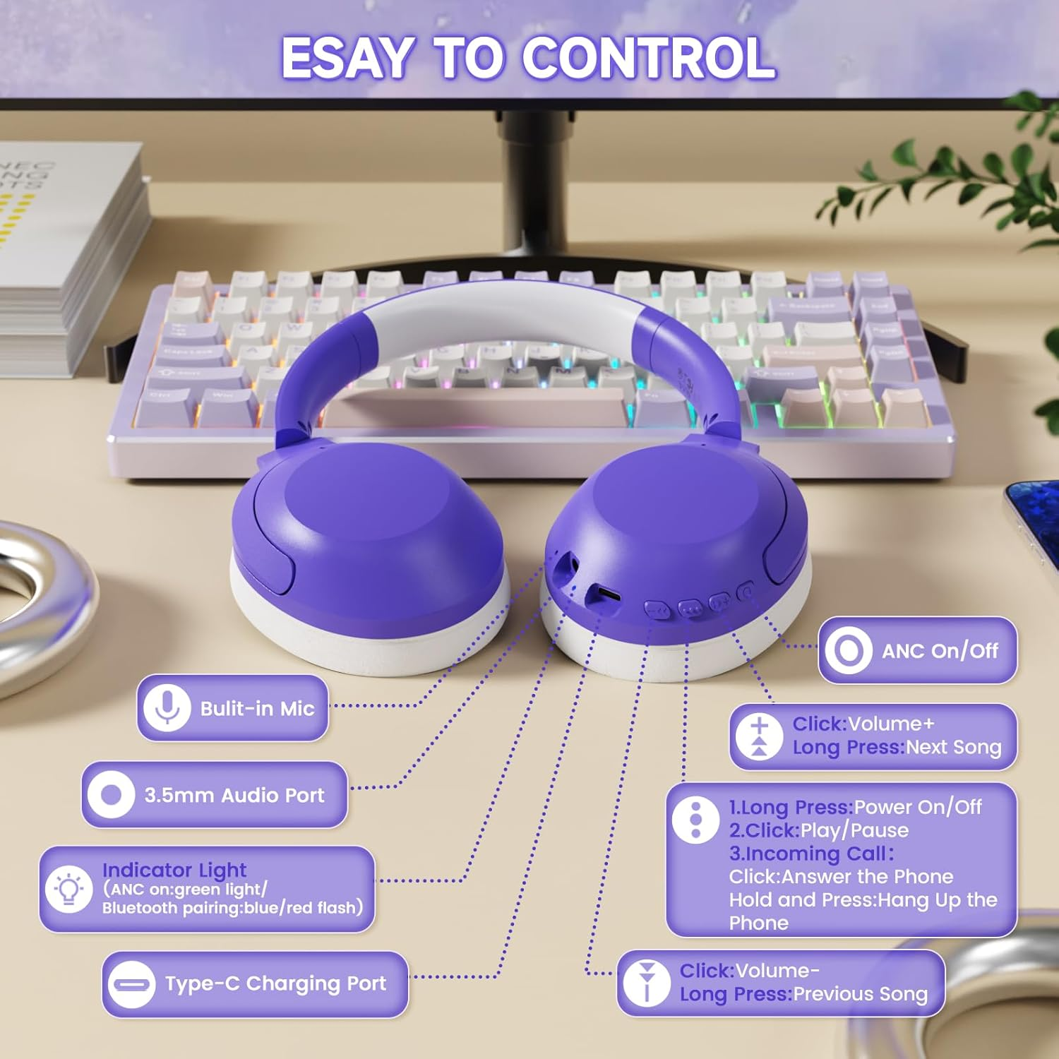 Lexonelec X Attack Shark G300 Wireless Active Noise Cancelling Headset, Bluetooth 5.3 Deep Bass HD Stereo Sound over Ear, 20H Playtime, Built-In Mic Lightweight Design 3.5Mm Gaming Headset(Purple) image number 6